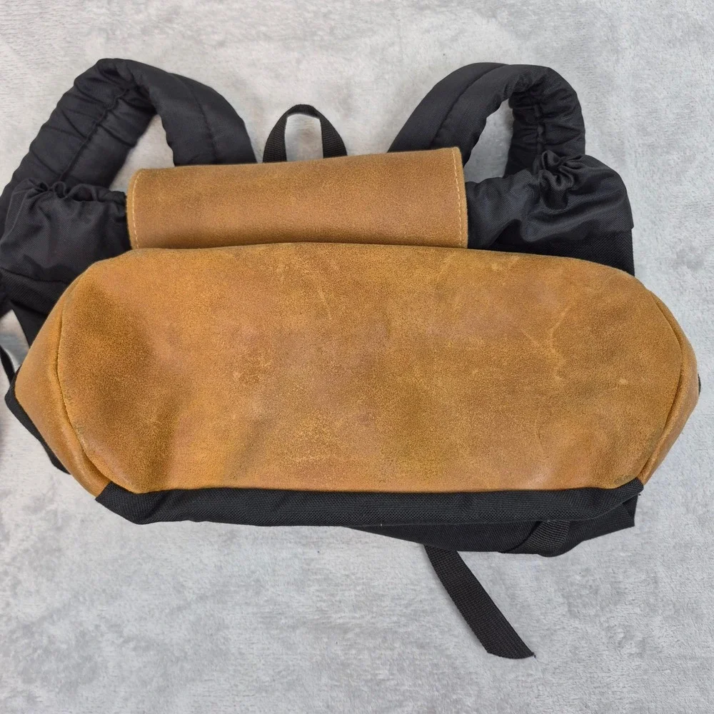 Vintage JanSport Backpack Black Canvas Tan Leather Bottom Rucksack Made in USA